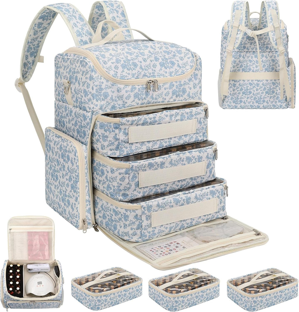 Extra Large Nail Polish Organizer Backpack, Holds 124+ Bottles & Full Size Lamp, Travel Nail Organizers and Storage Bag with 3 Removable Pouches, Portable Nail Supplies Case (Floral Blue, 124 Slots)