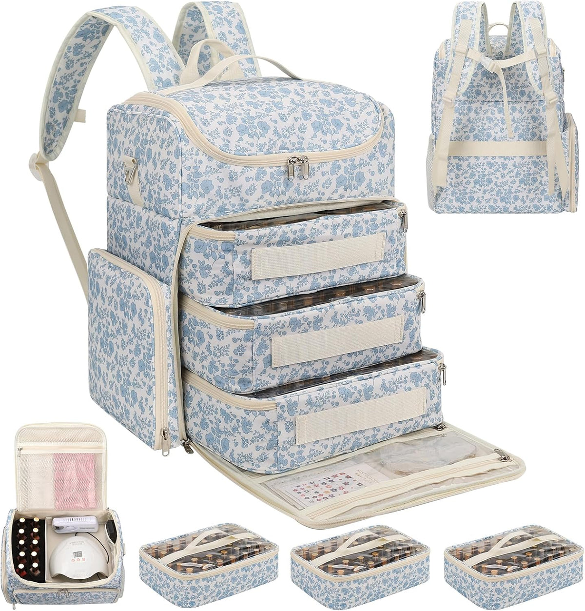 Extra Large Nail Polish Organizer Backpack, Holds 124+ Bottles & Full Size Lamp, Travel Nail Organizers and Storage Bag with 3 Removable Pouches, Portable Nail Supplies Case (Floral Blue, 124 Slots)