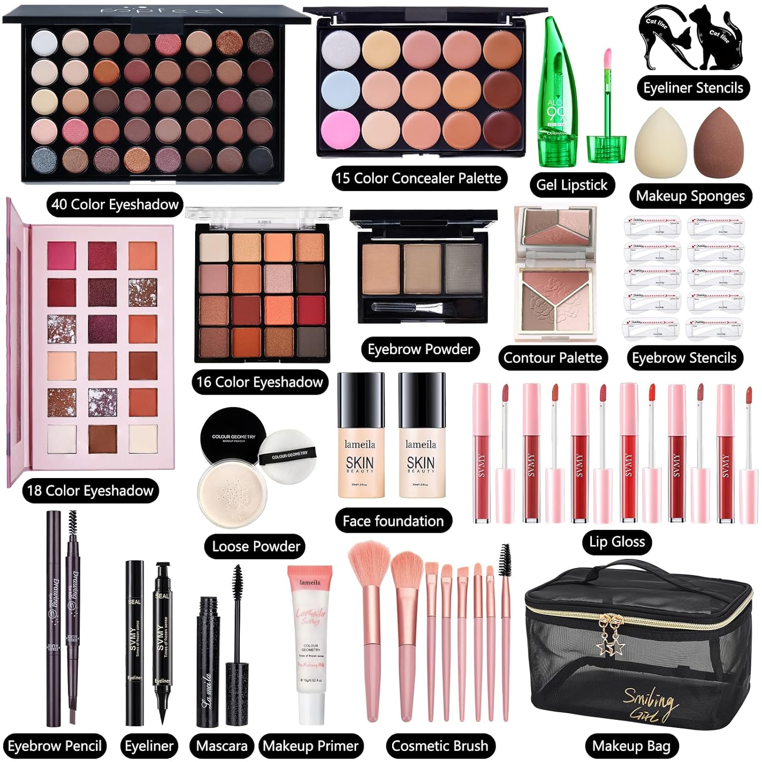 All in One Makeup Kit for Women Full Kit, Make Up Gift Set for Women | Makeup Essential Bundle Include Foundation Face Primer Eyeshadow Contour Palette Lipstick Eyeliner Mascara Cosmetic Brush Set