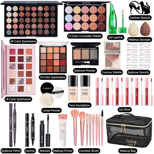 All in One Makeup Kit for Women Full Kit, Make Up Gift Set for Women | Makeup Essential Bundle Include Foundation Face Primer Eyeshadow Contour Palette Lipstick Eyeliner Mascara Cosmetic Brush Set