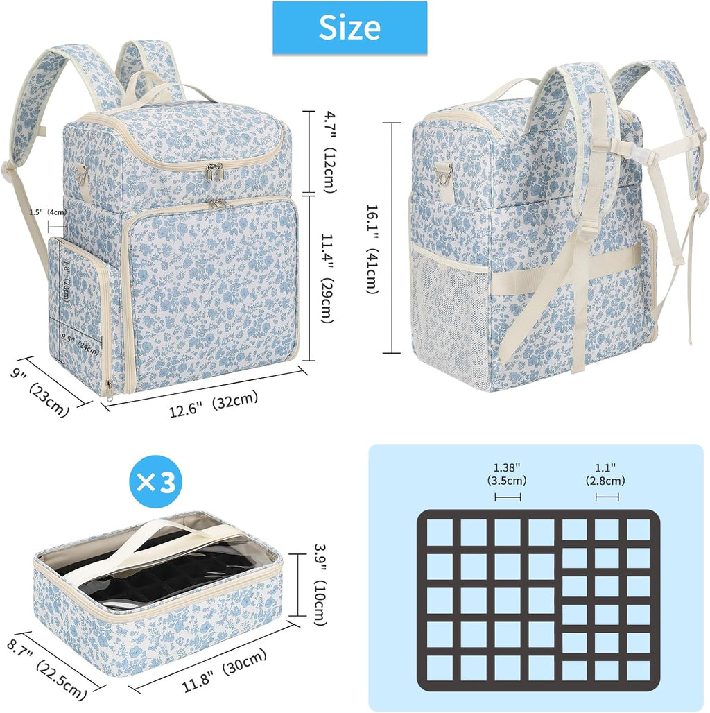 Extra Large Nail Polish Organizer Backpack, Holds 124+ Bottles & Full Size Lamp, Travel Nail Organizers and Storage Bag with 3 Removable Pouches, Portable Nail Supplies Case (Floral Blue, 124 Slots)
