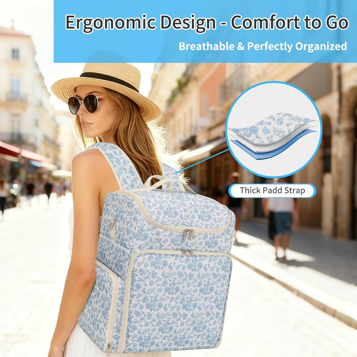 Extra Large Nail Polish Organizer Backpack, Holds 124+ Bottles & Full Size Lamp, Travel Nail Organizers and Storage Bag with 3 Removable Pouches, Portable Nail Supplies Case (Floral Blue, 124 Slots)