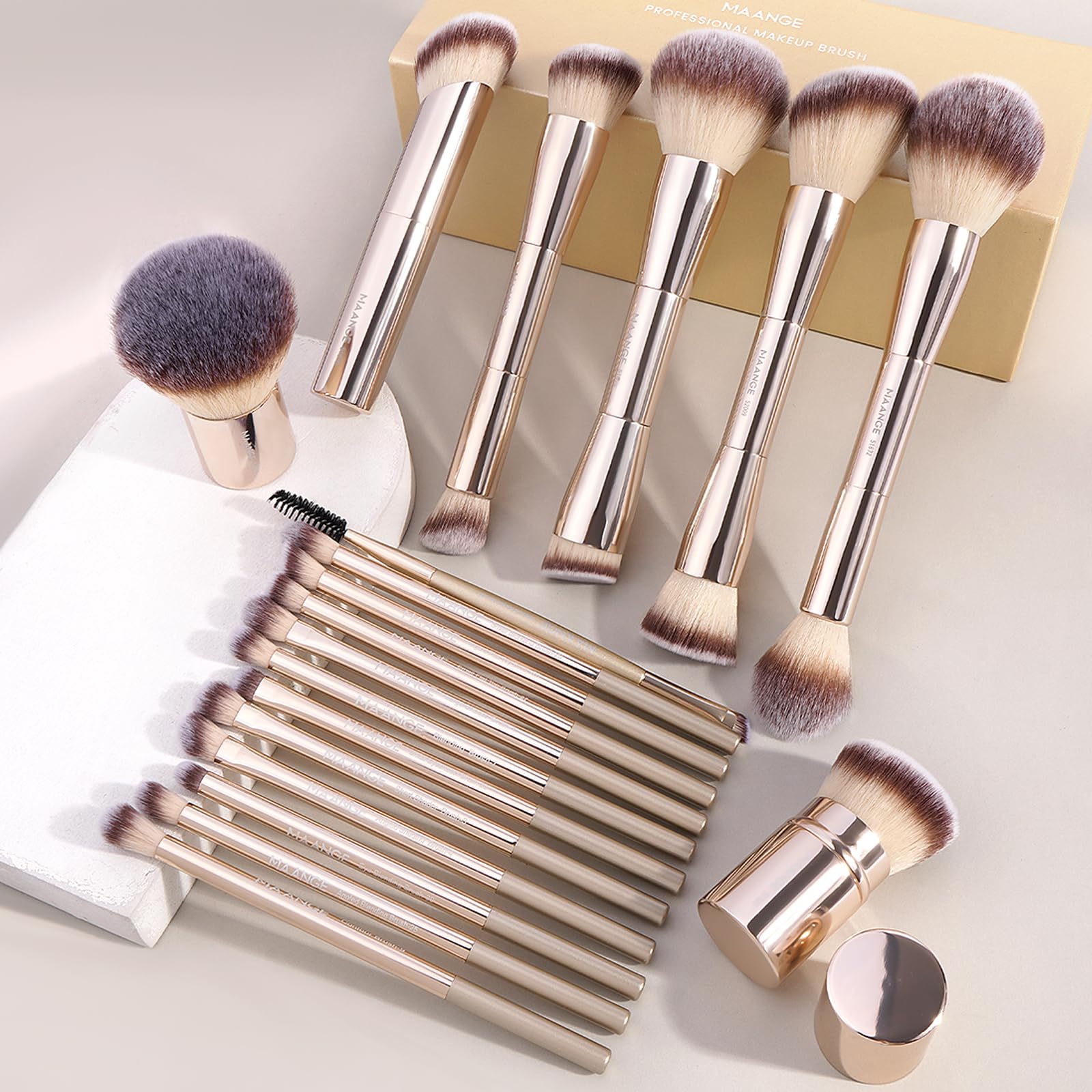 MAANGE 20 Pcs Makeup Brushes with Gift Box, Double-End Multi-functional Makeup Brushes for Blending Liquid Powder Concealer Cream Blush Buffe,CoffeeBrown