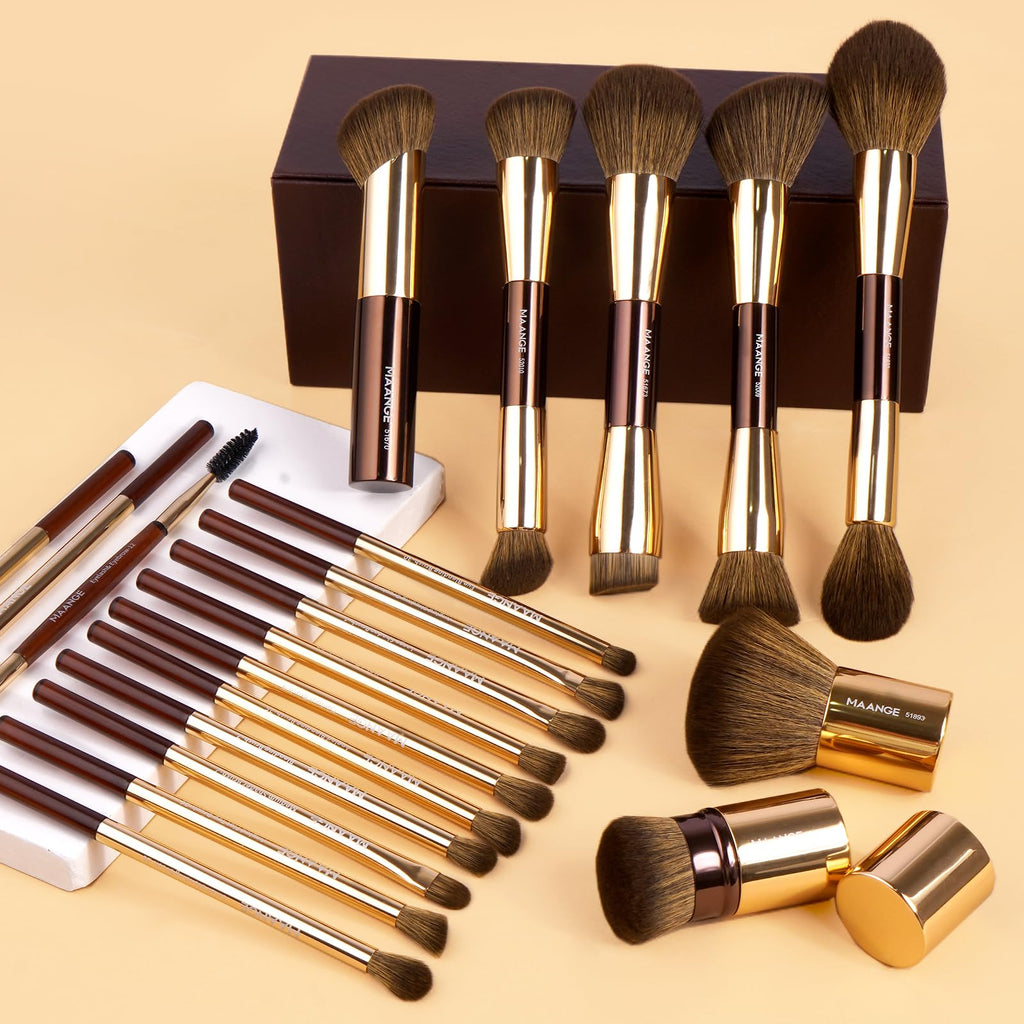 MAANGE 20 Pcs Makeup Brushes with Gift Box, Double-End Multi-functional Makeup Brushes for Blending Liquid Powder Concealer Cream Blush Buffe,CoffeeBrown