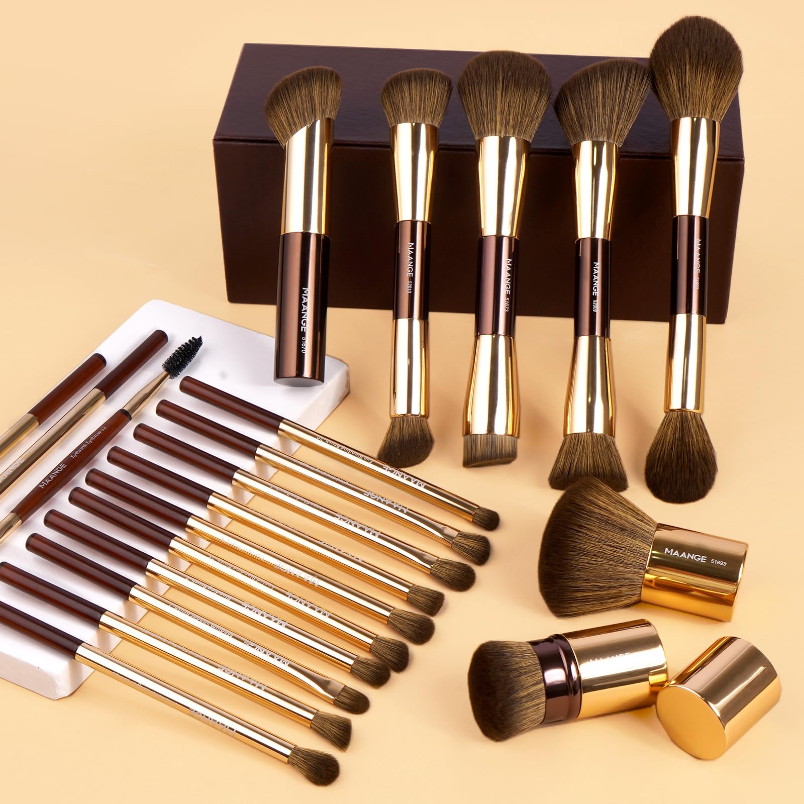 MAANGE 20 Pcs Makeup Brushes with Gift Box, Double-End Multi-functional Makeup Brushes for Blending Liquid Powder Concealer Cream Blush Buffe,CoffeeBrown