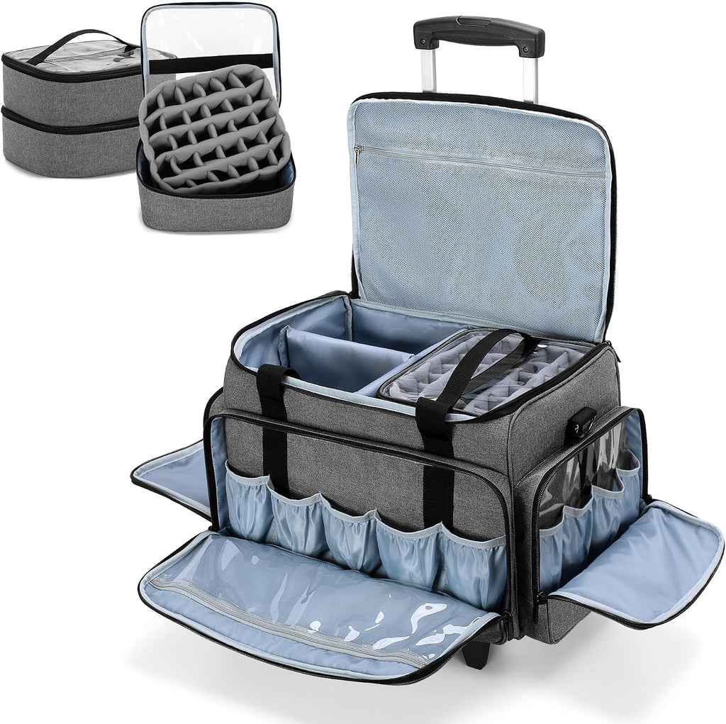 LUXJA Rolling Nail Polish Organizer Holds 90 Bottles and a UV Lamp, Gray