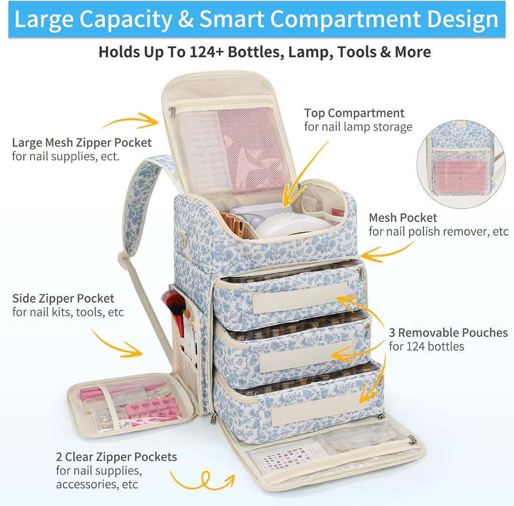 Extra Large Nail Polish Organizer Backpack, Holds 124+ Bottles & Full Size Lamp, Travel Nail Organizers and Storage Bag with 3 Removable Pouches, Portable Nail Supplies Case (Floral Blue, 124 Slots)