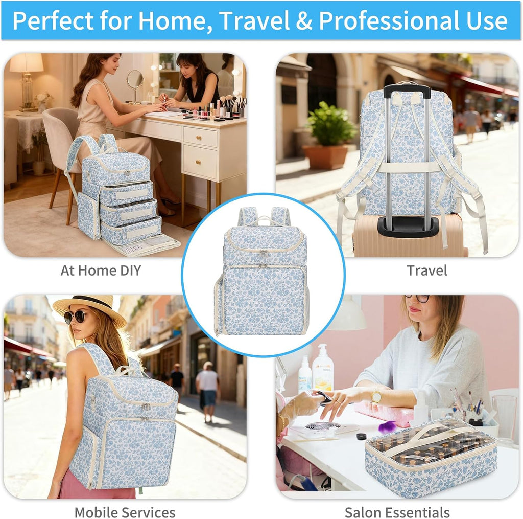 Extra Large Nail Polish Organizer Backpack, Holds 124+ Bottles & Full Size Lamp, Travel Nail Organizers and Storage Bag with 3 Removable Pouches, Portable Nail Supplies Case (Floral Blue, 124 Slots)