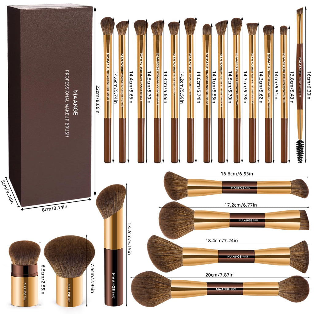 MAANGE 20 Pcs Makeup Brushes with Gift Box, Double-End Multi-functional Makeup Brushes for Blending Liquid Powder Concealer Cream Blush Buffe,CoffeeBrown