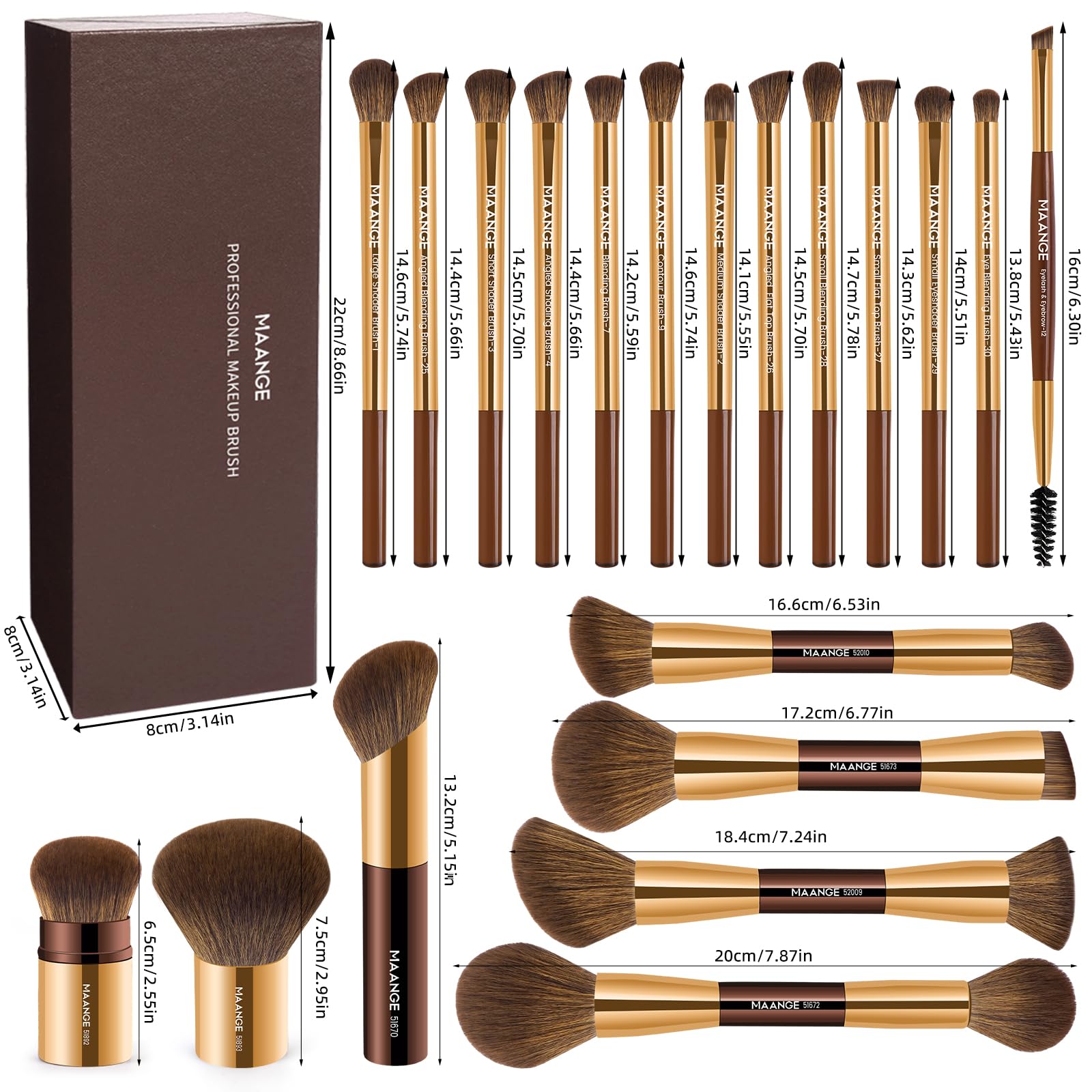 MAANGE 20 Pcs Makeup Brushes with Gift Box, Double-End Multi-functional Makeup Brushes for Blending Liquid Powder Concealer Cream Blush Buffe,CoffeeBrown