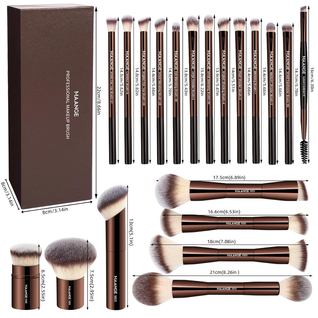 MAANGE 20 Pcs Makeup Brushes with Gift Box, Double-End Multi-functional Makeup Brushes for Blending Liquid Powder Concealer Cream Blush Buffe,CoffeeBrown