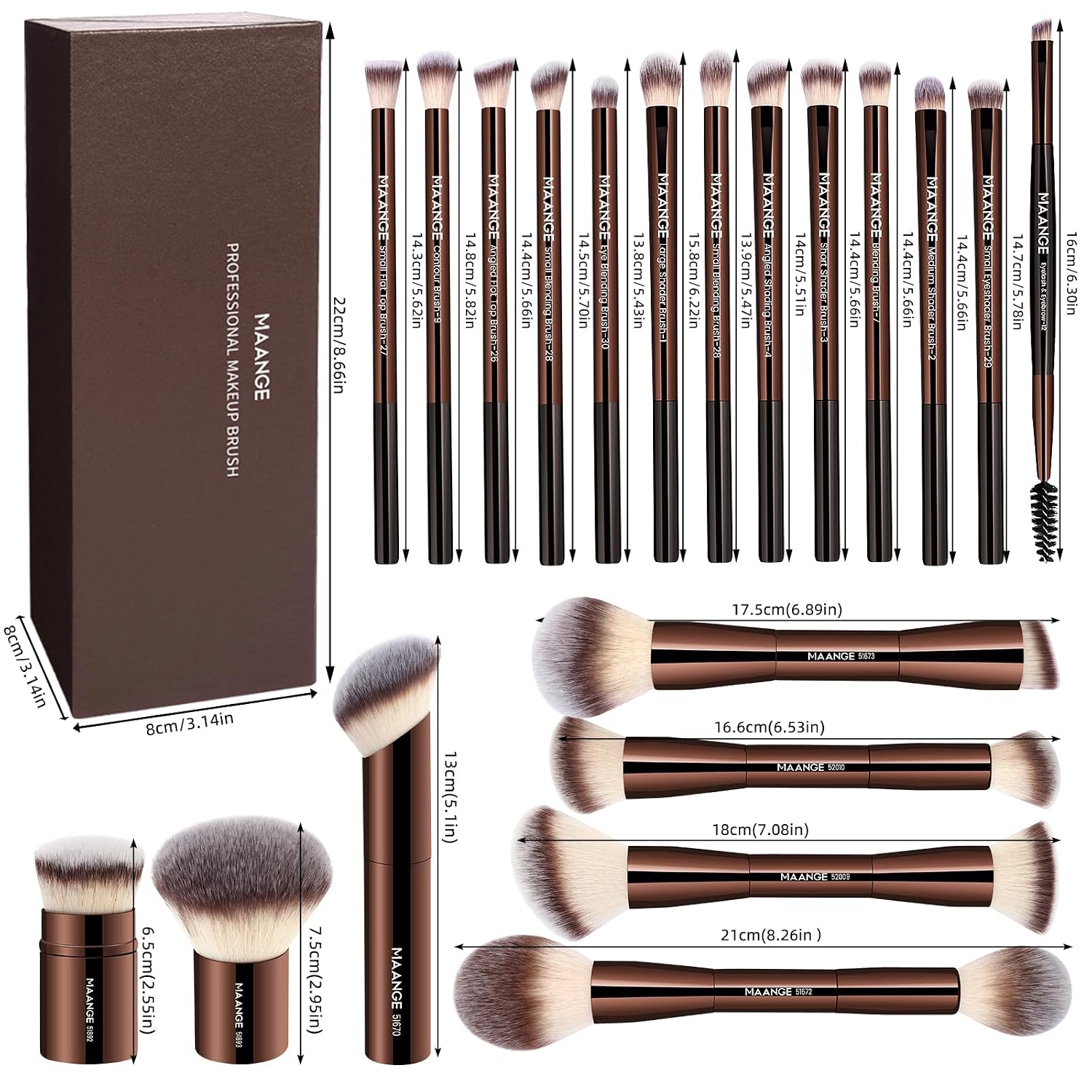 MAANGE 20 Pcs Makeup Brushes with Gift Box, Double-End Multi-functional Makeup Brushes for Blending Liquid Powder Concealer Cream Blush Buffe,CoffeeBrown