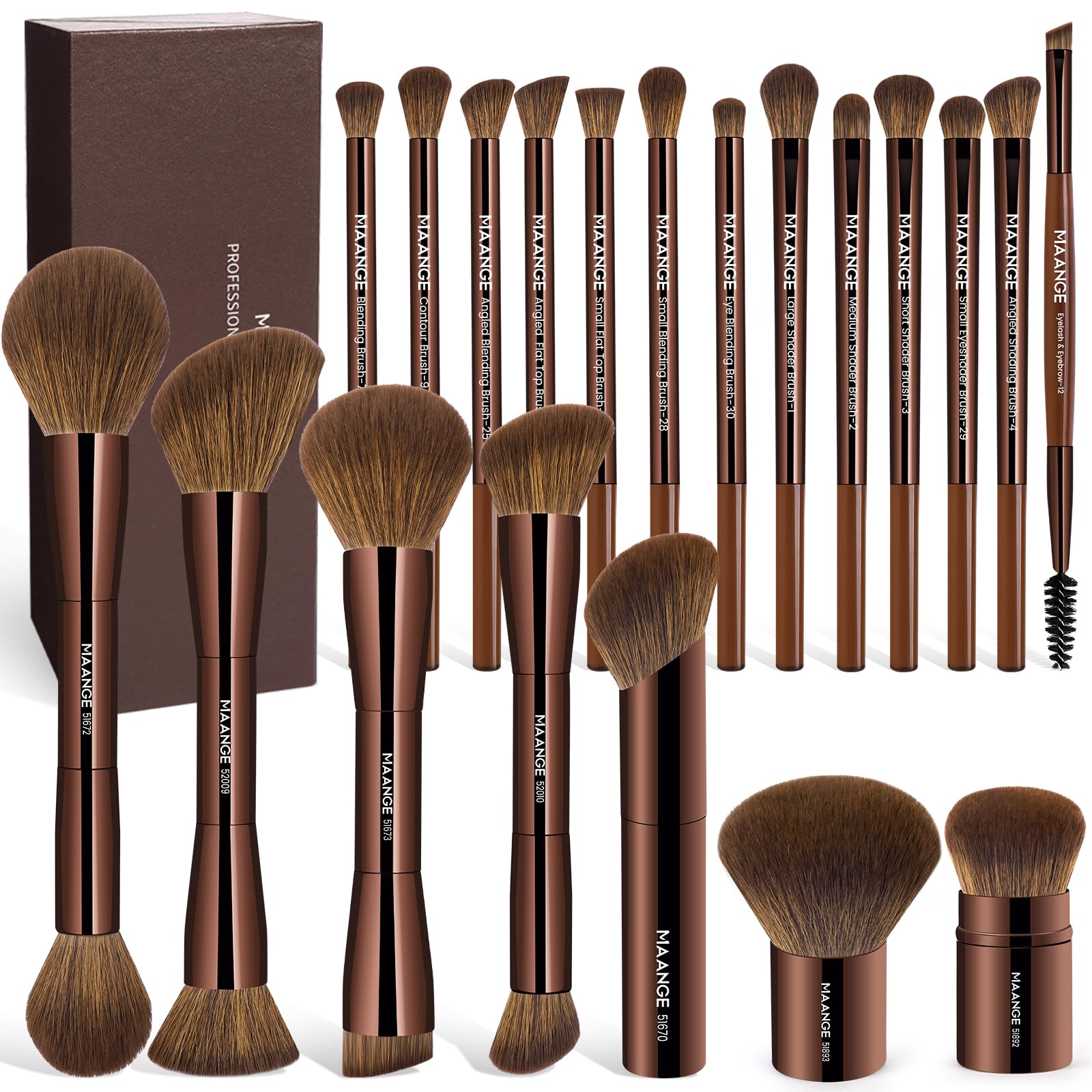 MAANGE 20 Pcs Makeup Brushes with Gift Box, Double-End Multi-functional Makeup Brushes for Blending Liquid Powder Concealer Cream Blush Buffe,CoffeeBrown