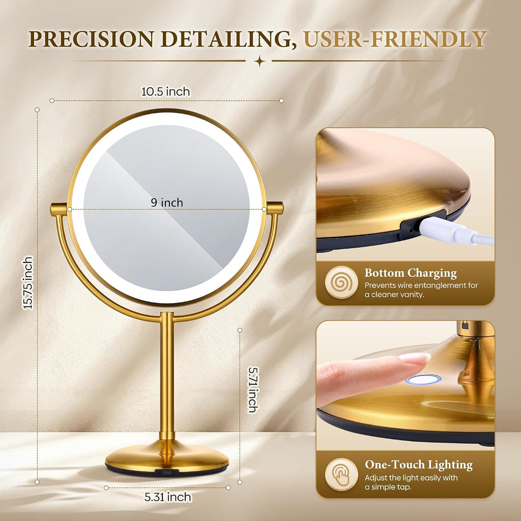 9" Gold Lighted Makeup Mirror, 1X/20X Magnification, Rechargeable