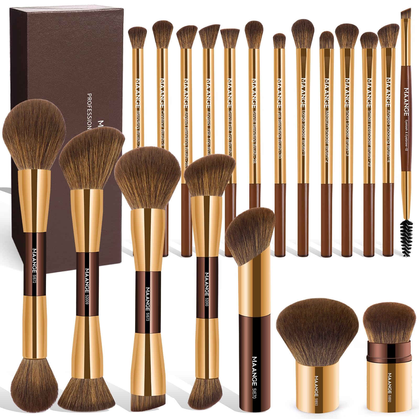 MAANGE 20 Pcs Makeup Brushes with Gift Box, Double-End Multi-functional Makeup Brushes for Blending Liquid Powder Concealer Cream Blush Buffe,CoffeeBrown