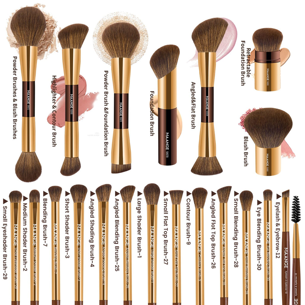 MAANGE 20 Pcs Makeup Brushes with Gift Box, Double-End Multi-functional Makeup Brushes for Blending Liquid Powder Concealer Cream Blush Buffe,CoffeeBrown