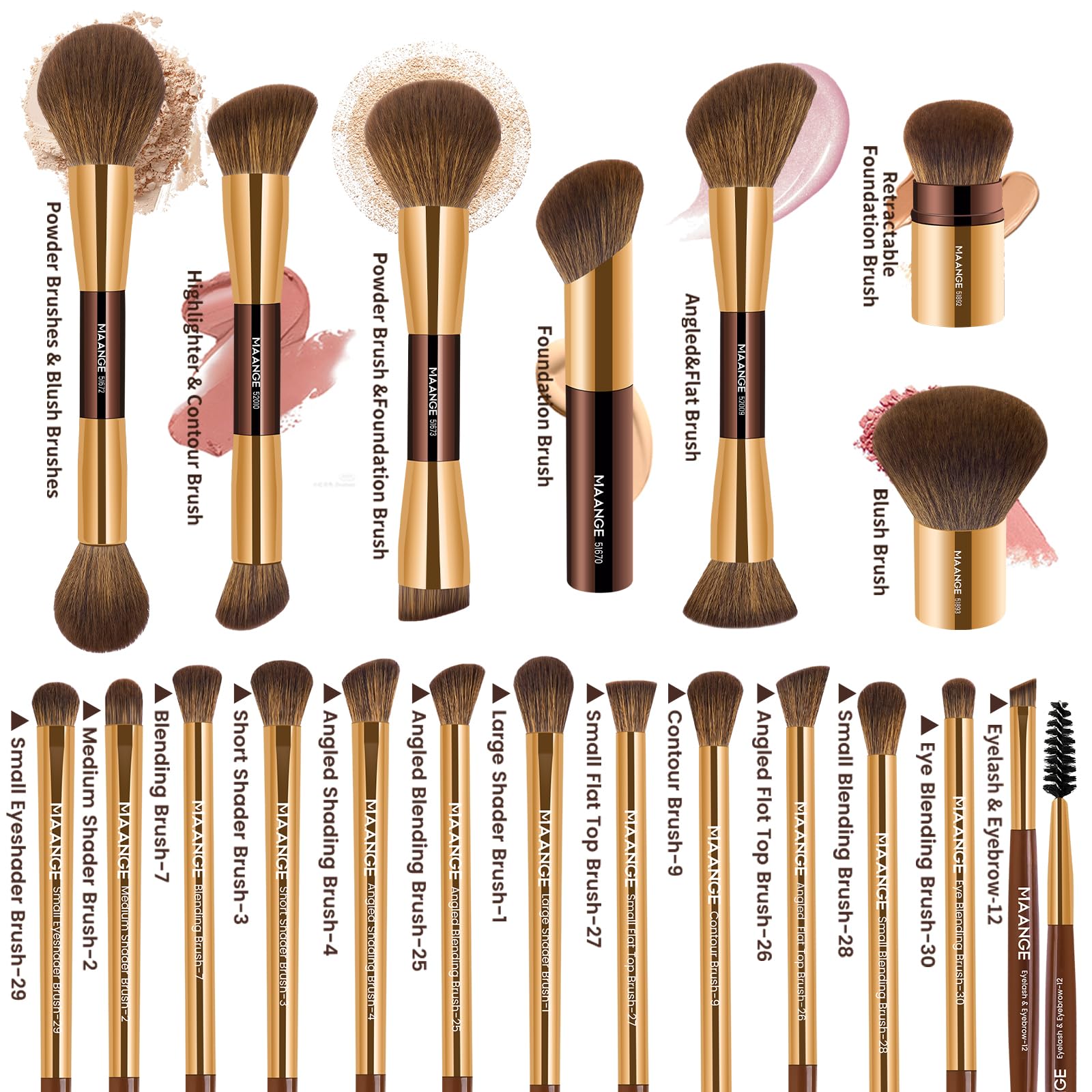 MAANGE 20 Pcs Makeup Brushes with Gift Box, Double-End Multi-functional Makeup Brushes for Blending Liquid Powder Concealer Cream Blush Buffe,CoffeeBrown