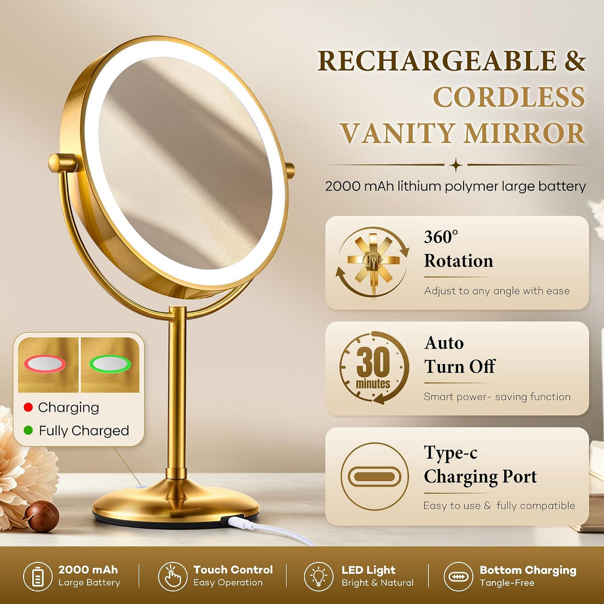 9" Gold Lighted Makeup Mirror, 1X/20X Magnification, Rechargeable