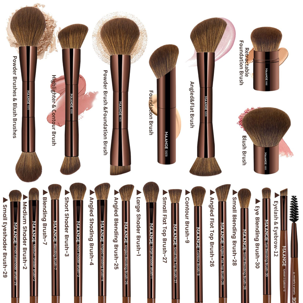 MAANGE 20 Pcs Makeup Brushes with Gift Box, Double-End Multi-functional Makeup Brushes for Blending Liquid Powder Concealer Cream Blush Buffe,CoffeeBrown