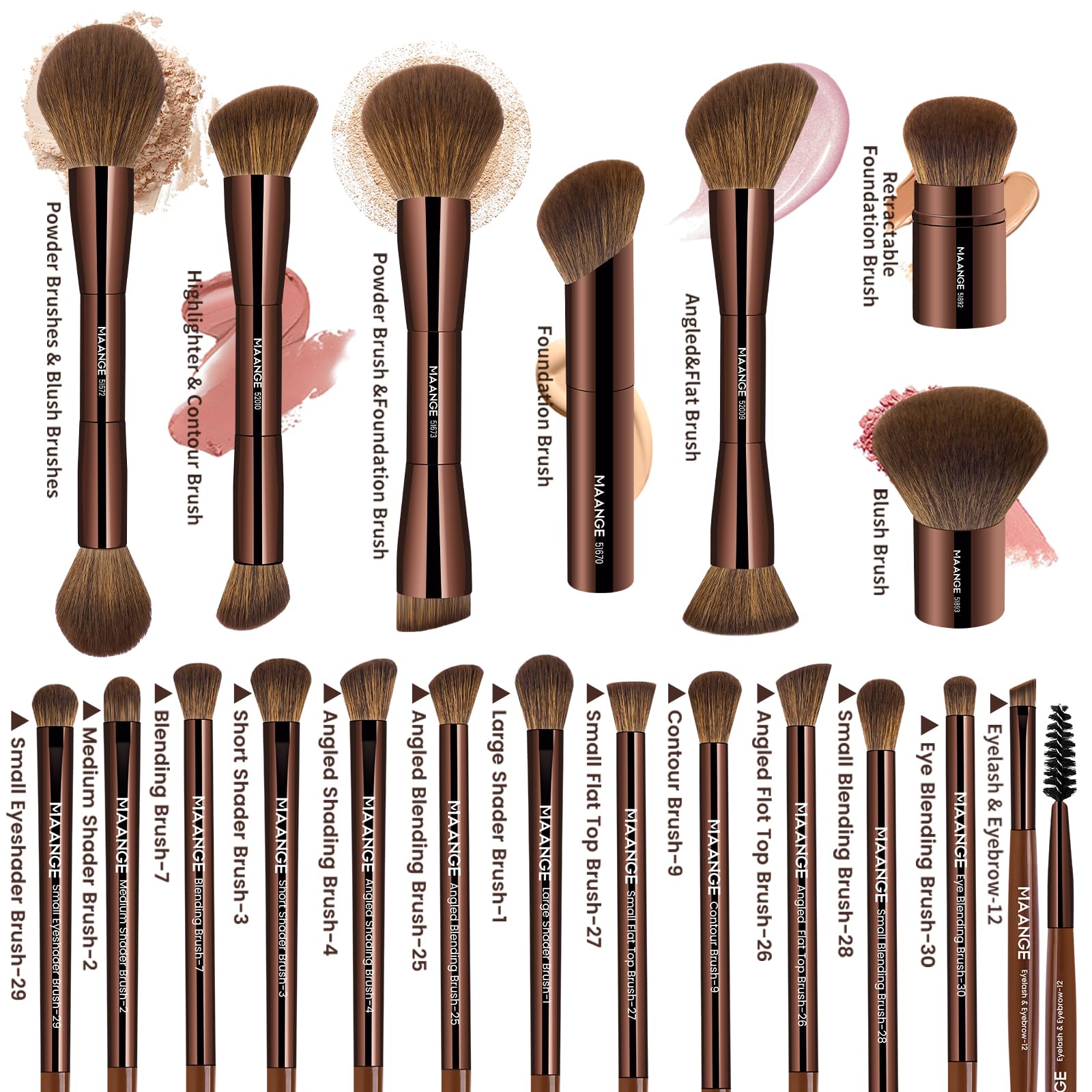 MAANGE 20 Pcs Makeup Brushes with Gift Box, Double-End Multi-functional Makeup Brushes for Blending Liquid Powder Concealer Cream Blush Buffe,CoffeeBrown