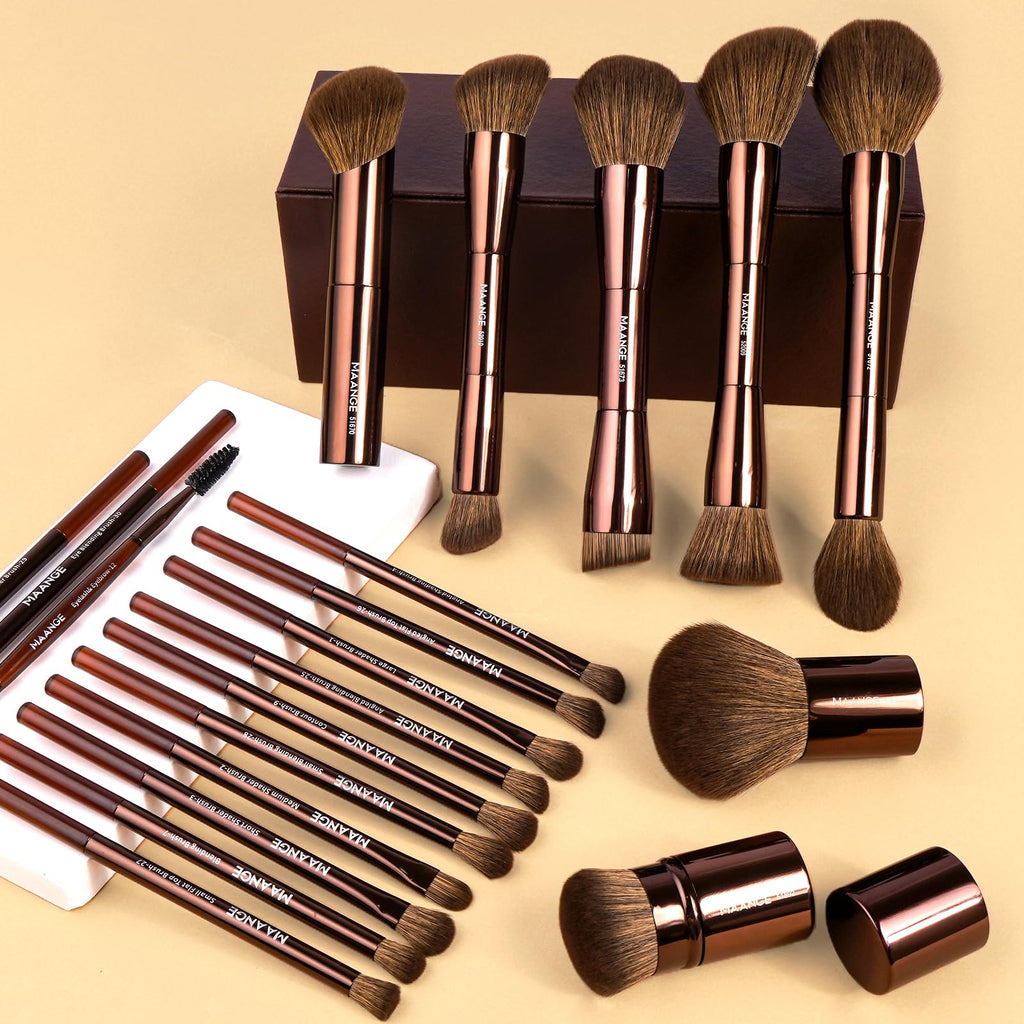 MAANGE 20 Pcs Makeup Brushes with Gift Box, Double-End Multi-functional Makeup Brushes for Blending Liquid Powder Concealer Cream Blush Buffe,CoffeeBrown