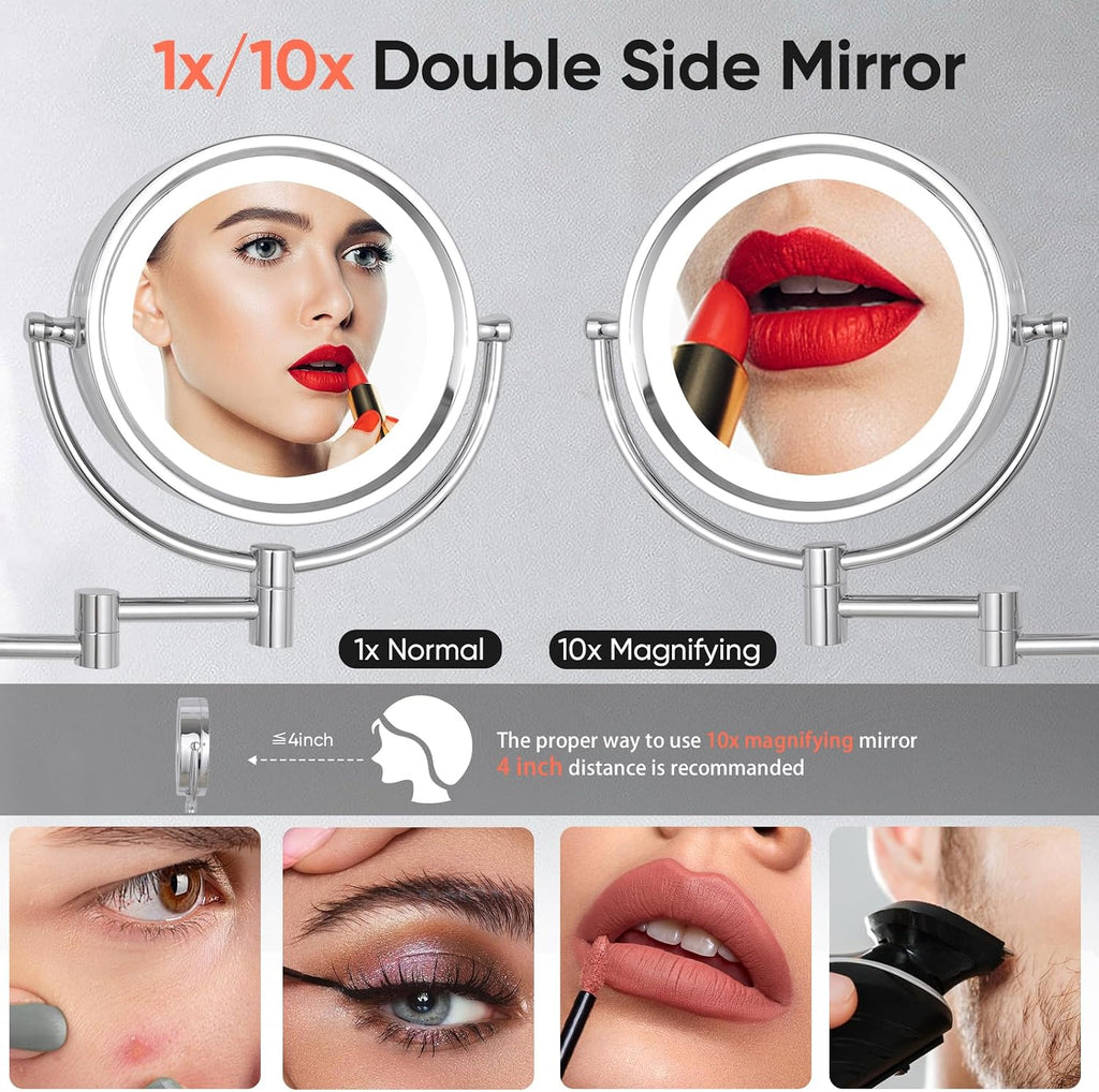 GURUN Hardwired LED Makeup Mirror Wall Mount Extendable Touch Chrome 10x
