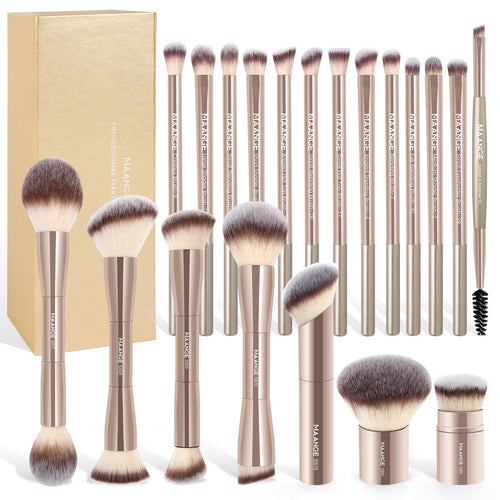 MAANGE 20 Pcs Makeup Brushes with Gift Box, Double-End Multi-functional Makeup Brushes for Blending Liquid Powder Concealer Cream Blush Buffe,CoffeeBrown