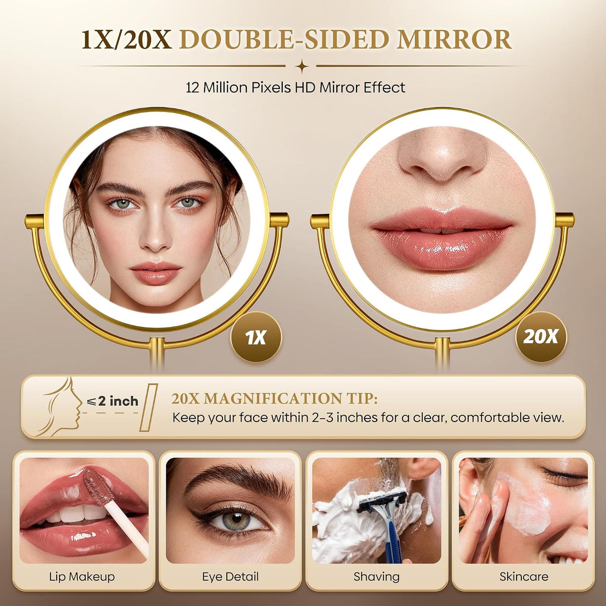 9" Gold Lighted Makeup Mirror, 1X/20X Magnification, Rechargeable