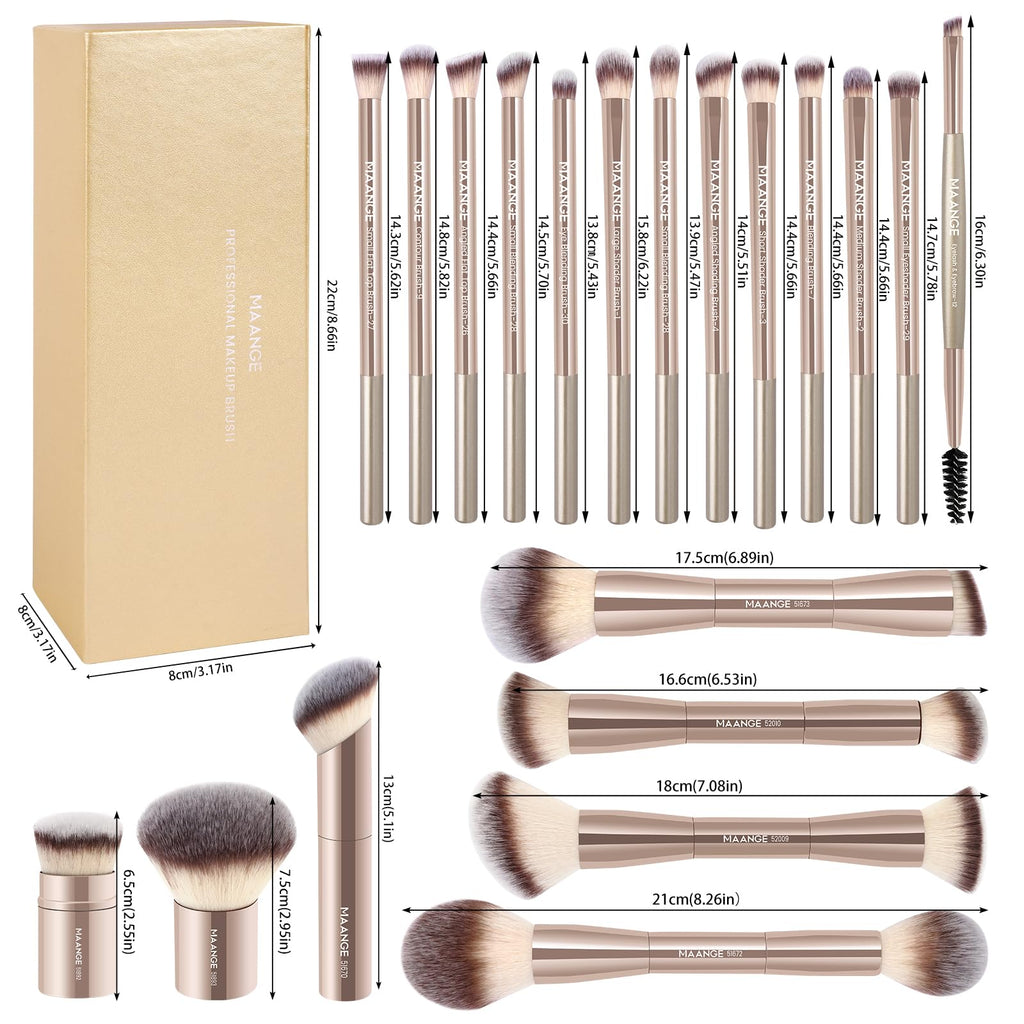 MAANGE 20 Pcs Makeup Brushes with Gift Box, Double-End Multi-functional Makeup Brushes for Blending Liquid Powder Concealer Cream Blush Buffe,CoffeeBrown