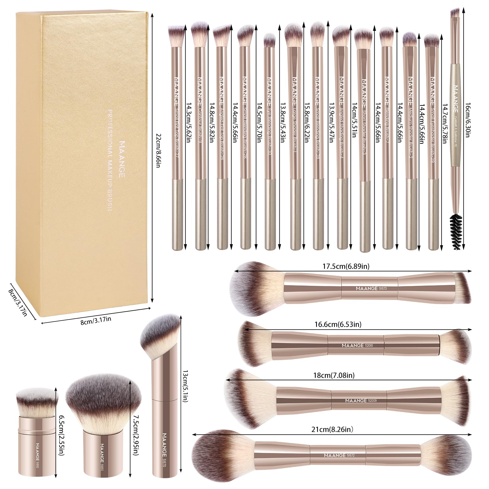 MAANGE 20 Pcs Makeup Brushes with Gift Box, Double-End Multi-functional Makeup Brushes for Blending Liquid Powder Concealer Cream Blush Buffe,CoffeeBrown
