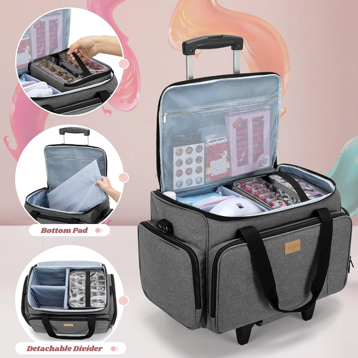 LUXJA Rolling Nail Polish Organizer Holds 90 Bottles and a UV Lamp, Gray